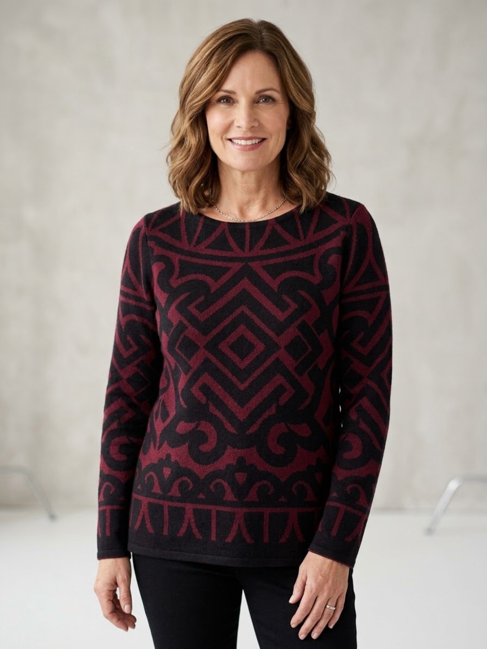 Charter Club Luxury Pure Cashmere Geometric Boatneck Sweater Burgundy Black
